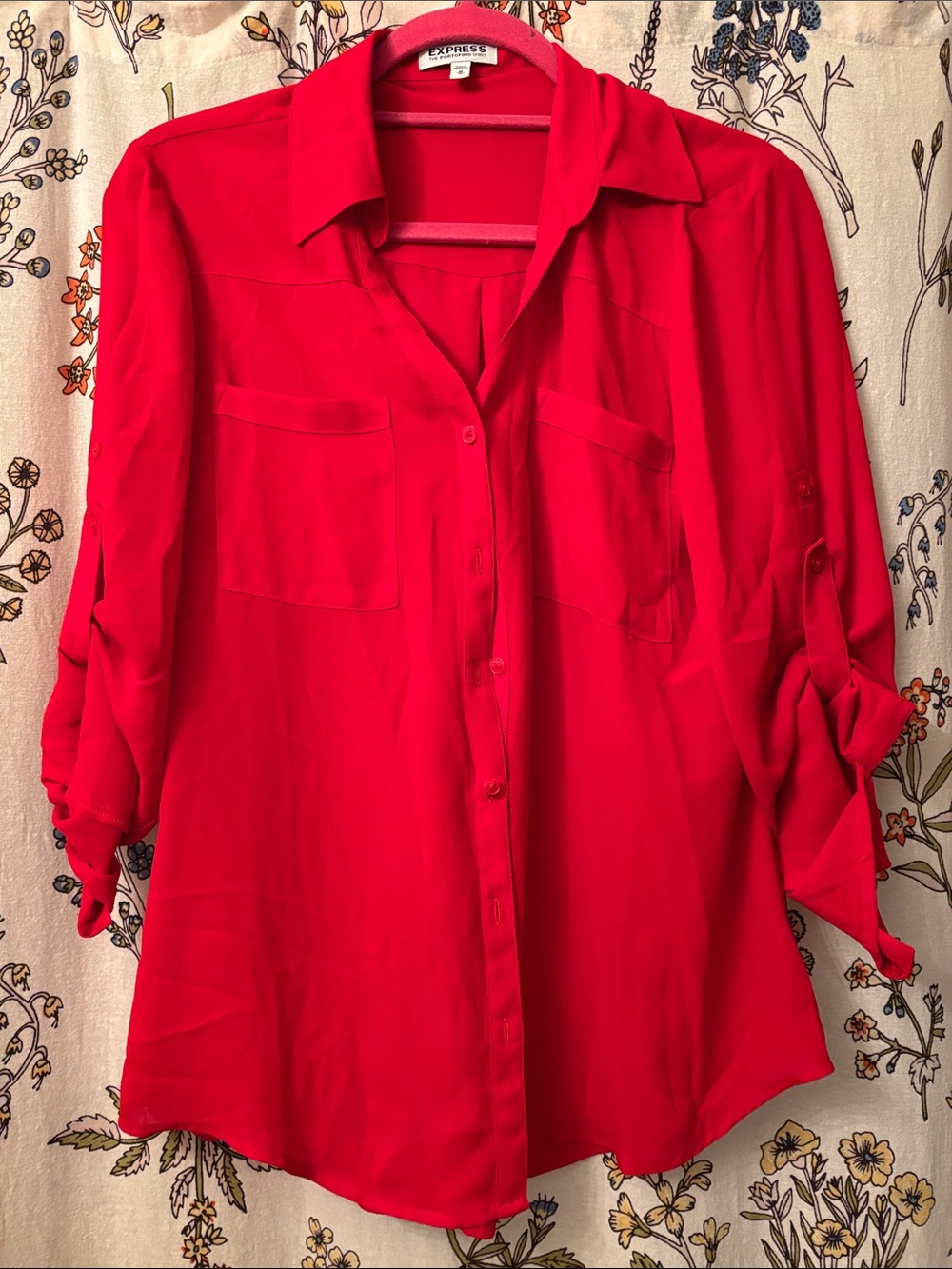 Express Red Button-Down Blouse with Roll-Tab Sleeves